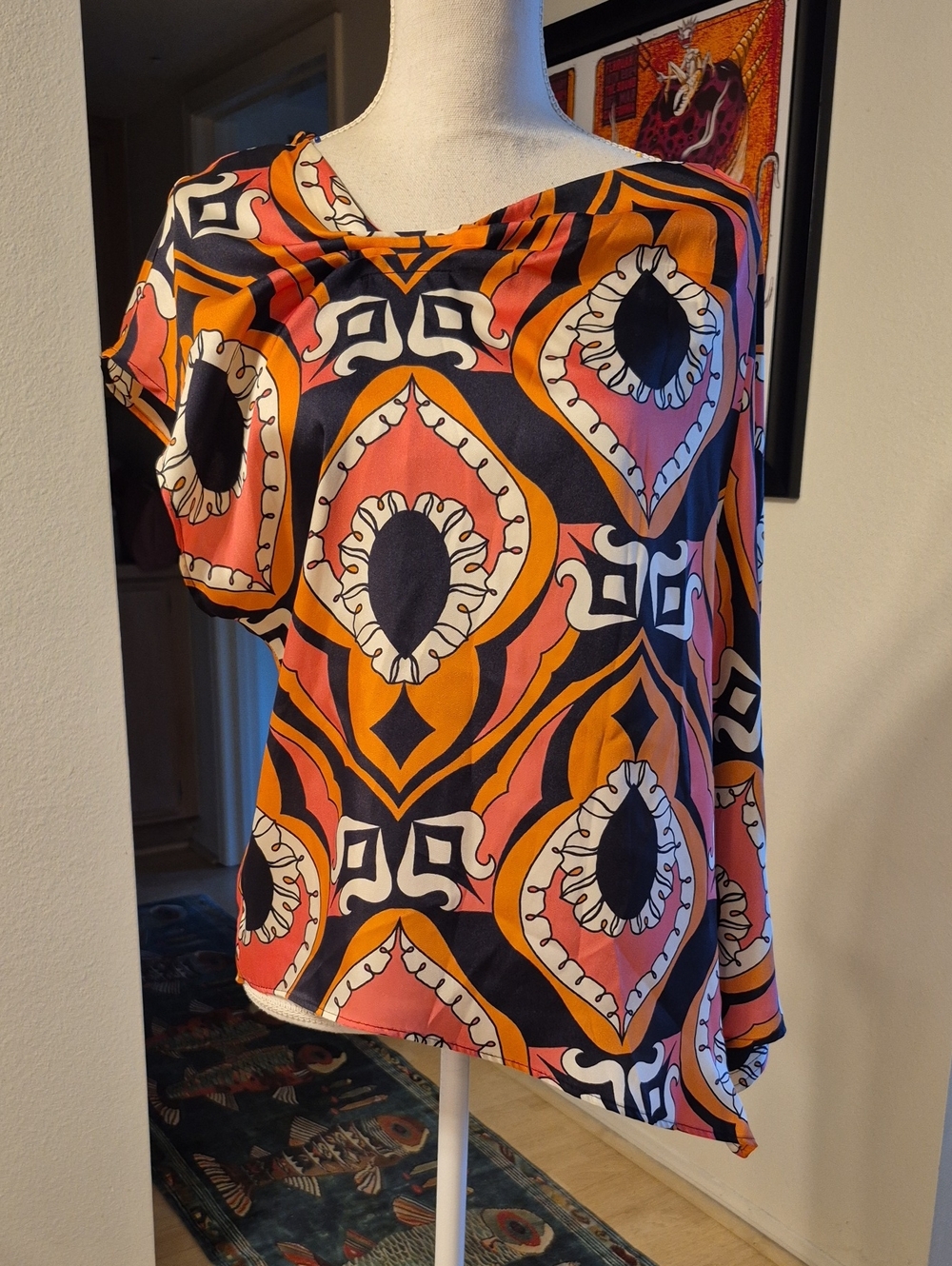 Zara Asymmetrical Blouse Orange Pink Black White Pattern 70's